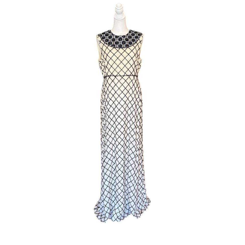 Tory Burch Madeline Gown Silk Ivory Black Navy Beaded Evening Gown Size 10 New